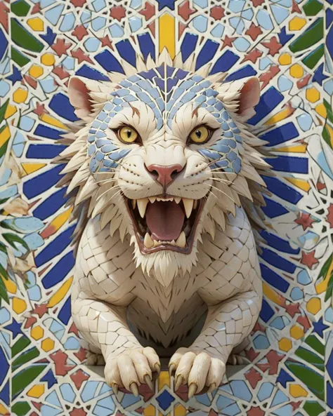 concept art, elegant, Ancient chimera, side lit, 35mm, made of Moroccan mosaic print, <lora:Zellij:1.0> zlj-xl,