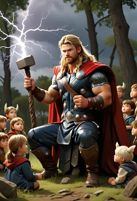 A holy, sweet, and endearing photo depicting THOR the god of thunder, teaching small children in a small clearing. Thunder and Lightning,