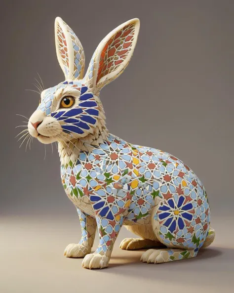concept art, elegant, Ancient rabbit, side lit, 35mm, made of Moroccan mosaic print, <lora:Zellij:1.0> zlj-xl,