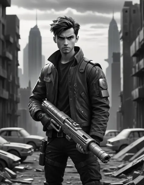 A rebel with a futuristic weapon, overlooking a dystopian cityscape., (monochrome grayscale black and white b&w cool shadows warm highlights soft focus black and white classic sound stage vintage film grain scratches patina directed cinematography movie film classic :1.3)
