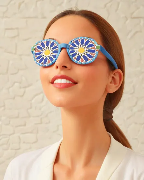 made of moroccan tiles, geometric patterns mosaic, Made Of Felt of a cute good-looking Sunglasses, near Hill, Proud, Accent lighting, Technicolor, <lora:Zellij:1> zlj-xl