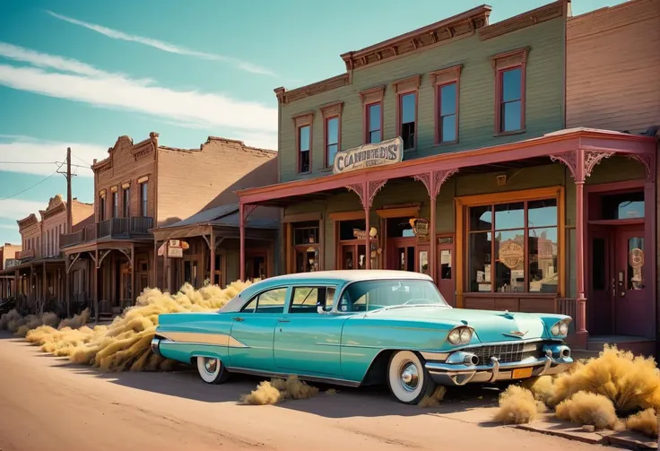 (Classic Comic Style inked lines Cell Shading CCA approved :1.3), Neo-Rococo, Retro-themed illustration, (__carcolors__ __cars__:1.3) with a vintage twist, (Old-school cool:1.3), (Classic lines:1.2), (Nostalgic charm:1.2), BREAK, (A dusty Old West ghost town main street scattered with tumbleweeds. backdrop:1.3), (Retro vibes:1.3), (Neon signs:1.2), (Vibrant atmosphere:1.2), Created with a retro touch, Timeless color palette, Distinctive details, curved forms, naturalistic ornamentation, elaborate, decorative, gaudy, Neo-Rococo, volumetric, fog, smoke