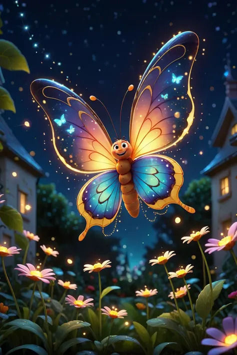 Disney Pixar, A cute glowing butterfly floats in the night sky with glowing sparkles trails in a garden,