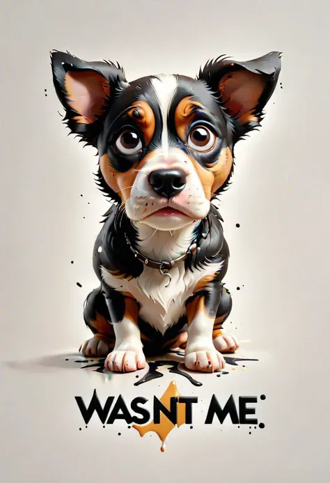 "Wasn't me" text logo, a dog looking up in shame, puppy eyes