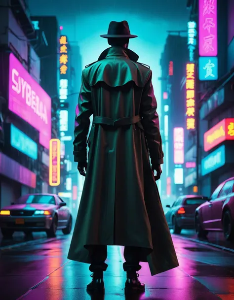 A figure clad in a trench coat and fedora, silhouetted against the neon lights of a rainy city street., (futuristic Neon cyberpunk synthwave cybernetic :1.3)