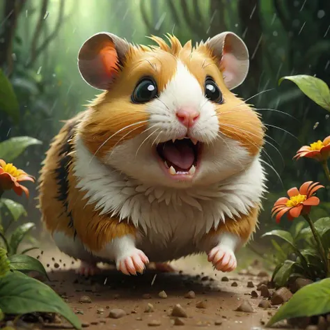 coomplex illustration of a cute hamster in the jungle very fast running to the viewer, trees and flower, in a massive cloud of dust, agression, anger, hyperrealistic scene, heavy rain, detailed focus, art by Aaron Jasinski, epic fantasy scene, vivid colors, Enchanted Masterpiece, Fantasycore, Award-Winning, Masterpiece, contrast, faded, <lora:BBB DreamARTSDXL:0.7> <lora:CCC xl_more_art-full_v1:0.6>