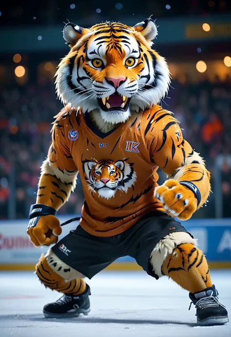 humanoid tiger playing hokey, tiger is an ice hockey player, fur, dressed in hokey t-shirt and shorts, snow, ice, at night, at the stadium, people on the stands, bokeh,
(masterpiece), sharp, 4k, real graphics, cinematic photo, intense, high contrast, photography, high detail, photorealism, 8k