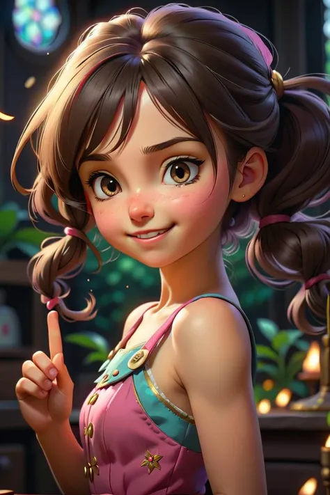 (a girl winking:1.5), long dark hair, tilted head, button nose, cute magical girl, (fantasy art), (masterpiece:1.2), art, extremely detailed, wallpaper, 4K, 8K, high resolution, immersive atmosphere