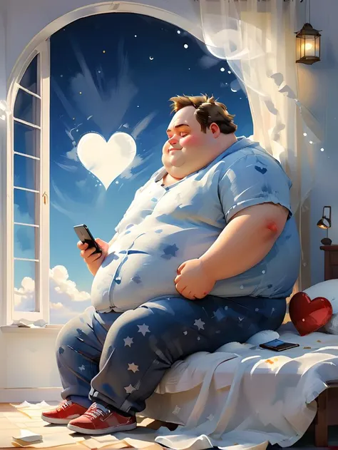 Minimalist style fflix-shadows, oil and watercolor painting of a lonely fat man sittinging on bed next to a large opened window, he is looking at to the phone, a (heart shape cloud) is flowing on the sky, moon, stars, (close-up shot, side view), SFW <lora:oil_and_watercolor_painting:0.6> <lora:[XL]fat:1> . Simple, clean, uncluttered, modern, elegant