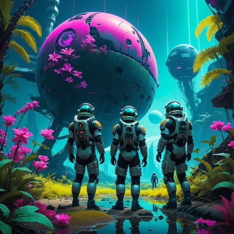 Shipwrecked astronauts on a planet where the flora and fauna mimic their fears., (futuristic Neon cyberpunk synthwave cybernetic :1.3)