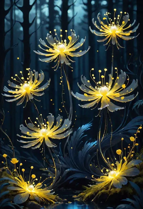 Ink illustration, fine delicate bioluminescent flower, fabulous night forest, magical radiance, Concept art, depth of field, realistic, cinematic lighting, soft shadows, asymmetrical fractal, colorful, vivid yellow, grey and navy colors, volumetric lighting, wind, particles floating on the breeze, petals falling, ink stains, ink splatters, ink runs, ink spots, faded ink linquivera