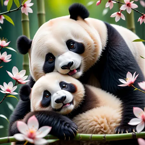 In a picturesque scene, an enchanting sight unfolds before your eyes. The air is filled with a flurry of delicate cherry blossom petals, gracefully dancing and twirling through the air. Bamboo leaves, kissed by the gentle breeze, sway and rustle, creating a serene backdrop for the heartwarming tableau. Cradled in the loving embrace of an absolutely endearing giant panda, a newborn human baby lies peacefully, drifting into a serene slumber. The panda mother, her black and white fur contrasting with the delicate pink petals, gazes adoringly at the infant with her soulful eyes, her own adorable panda cub curiously observing the enchanting encounter. The baby, nestled in the panda mother's arms, is cocooned in a soft blanket, blissfully unaware of the delicate petals cascading around them. The gentle sway of bamboo branches and the mesmerizing dance of cherry blossoms add an extra touch of ethereal beauty to this captivating tableau. It is a moment of pure innocence and undeniable cuteness, where the delicate beauty of nature seamlessly intertwines with the tender bond between different species., cinematic shot + dynamic composition, incredibly detailed, sharpen, details + intricate detail + professional lighting, film lighting + 35mm + anamorphic + lightroom + cinematography + bokeh + lens flare + film grain + HDR10 + 8K + Roger Deakins, ((cinematic))