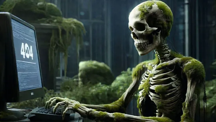 Horror-themed the Skeleton of a it admin sitting infront of a computer with text as "404", everything is overgrown with moss and spider web,   <lora:DonMn1ghtm4reXL:1> gloomynightmareai <lora:textxl:1>, spider web, <lora:ovrgrwth:1> ovrgrwth style, [:style of Anna Dittmann:10], style of esao andrews . Eerie, unsettling, dark, spooky, suspenseful, grim, highly detailed