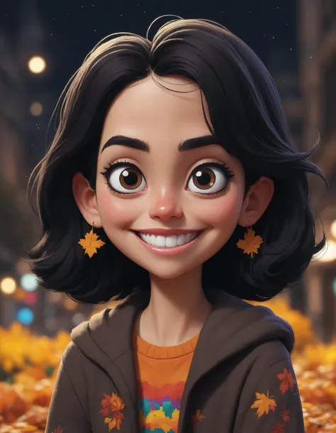 Pixel Art pixelated pixel pixel , extremely content happy smile , + / A fit black haired woman in MEXICO CITY in autumn at midnight, big eyes by Dreamworks