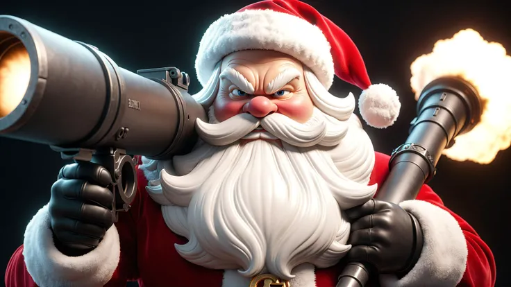 professional 3d model powerfull overlord santa holding an bazooka . octane render, highly detailed, volumetric, dramatic lighting
