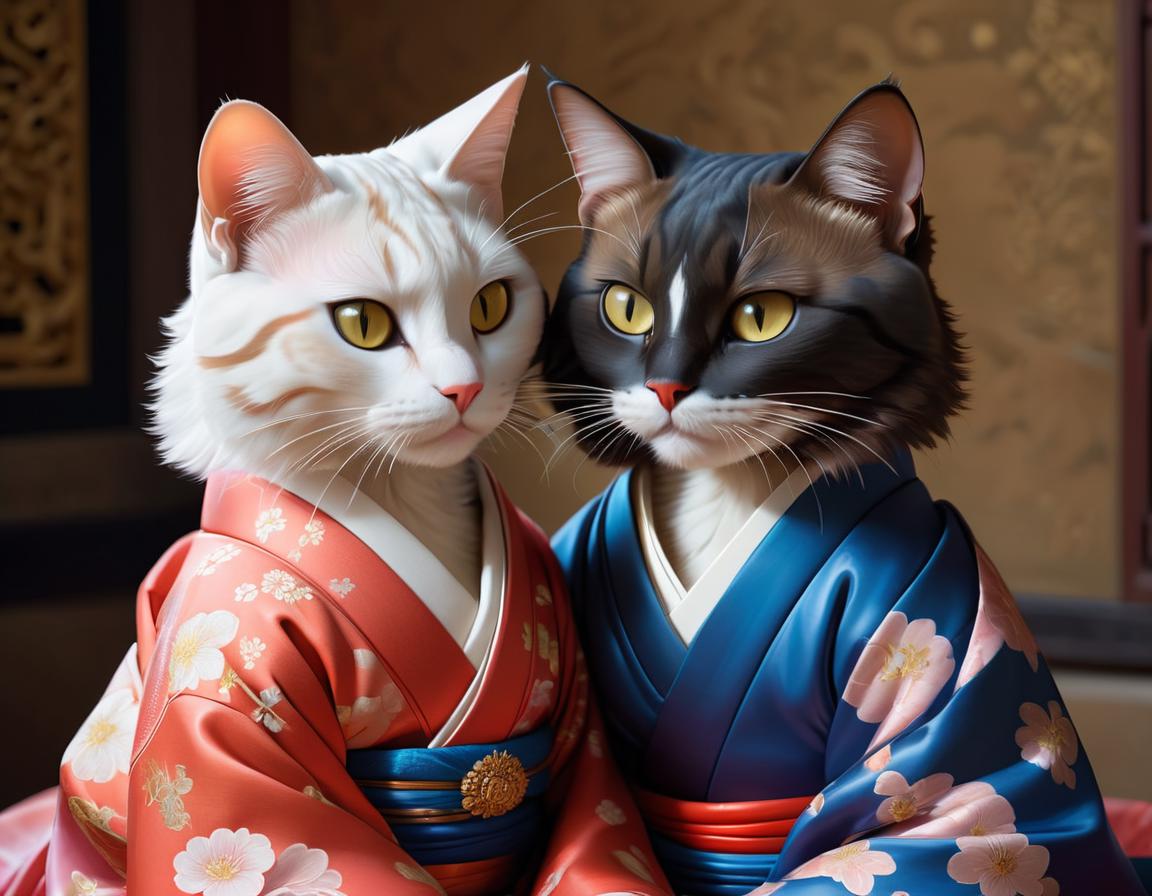 There are two cats dressed in kimono robes sitting on a bed - SeaArt AI