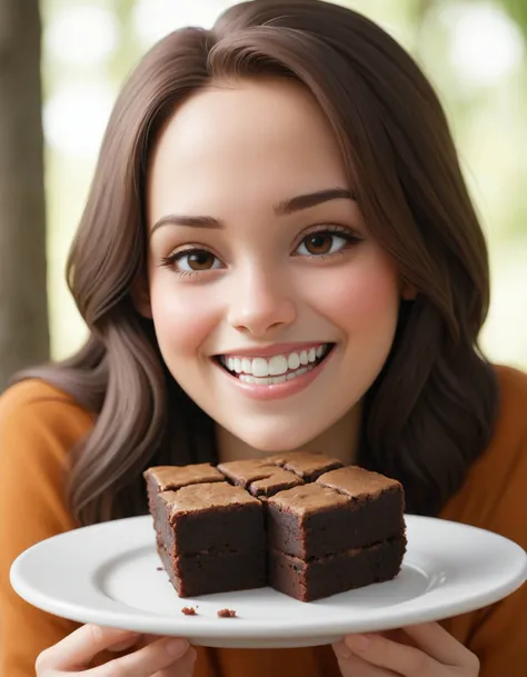 extremely content happy smile , shot on 70mm style, a delicious food photograph of brownies served for dessert! , by Abbott Handerson Thayer beauty512