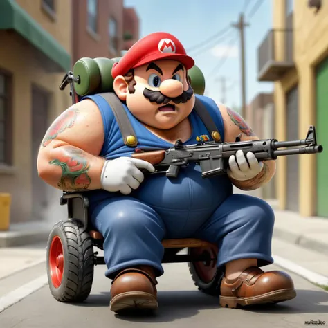 a realist drawing of a very obese real life mario in a wheelchair holding a semi-automatic rifle, (realist:1.1) , nintendo, wrinkles, roll up sleeves, hairy arms, texture, skin details, angry, old, dull, lacklustre, us eagle tatoo, street background, masterpiece, great art, high quality, best quality, highly detailed, 8k, wide shot