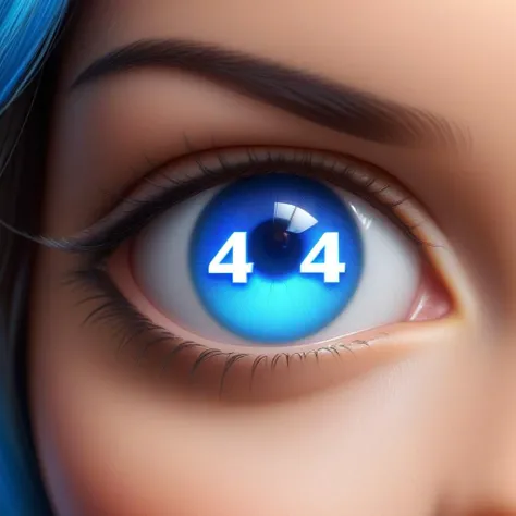 ("404" text logo:1.15), extreme close up, disney pixar style, bright blue eye with 404 inside, cute female, the letters "404" are prominent