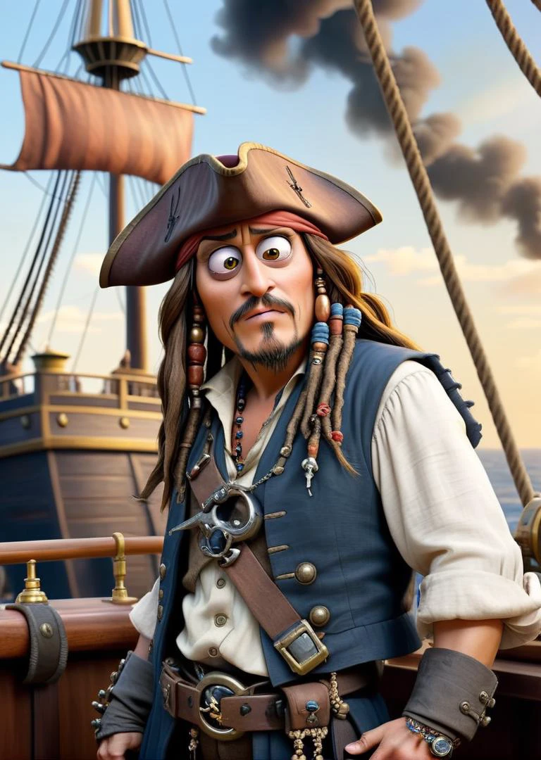 (Minion) impersonating Captain Jack Sparrow from (Pirates of the Caribbean) played by Johnny Depp in (Pirates of the Caribbean) backdrop of ships and gunsmoke, signature Jack Sparrow beard, vengeful appearance.<lora:Overprint_effect_sdxl:0.6>