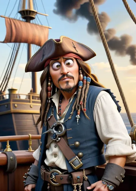 (Minion) impersonating Captain Jack Sparrow from (Pirates of the Caribbean) played by Johnny Depp in (Pirates of the Caribbean) backdrop of ships and gunsmoke, signature Jack Sparrow beard, vengeful appearance.<lora:Overprint_effect_sdxl:0.6>