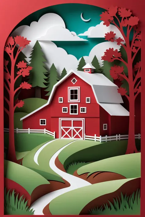 Thick layered papercut art of a red barn 3D layered dimensional depth precision cut stacked layers papercut high contrast