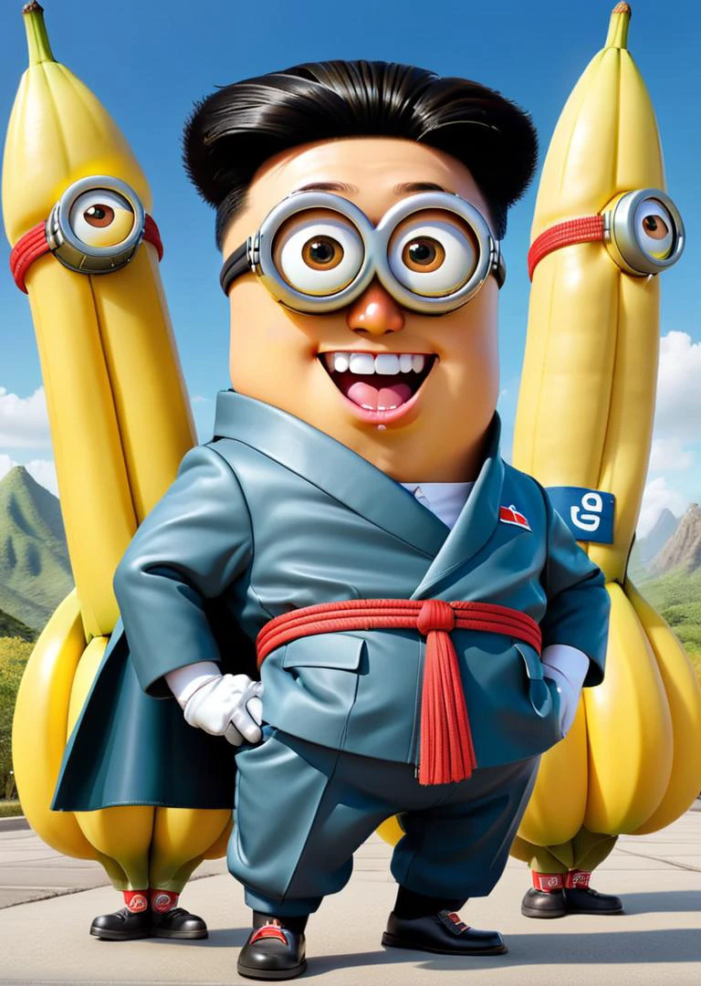 (smiling Minion dressed as the recognizable leader with a distinctive short haircut:1.6). A unique haircut characterized by its contrasting lengths between the top and the sides, A structure made from bananas positioned behind. Many Minions clinging to a large, finned device. Banana bunches are attached to this cylindrical object with tail fins, dominant Minion figure, expressive pose, prominent banana <lora:Overprint_effect_sdxl:0.6>