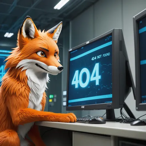 (fox looking at monitor that says "404 NOT FOUND":1.2), monitor brand name "FOX", (high quality, masterpiece, high res:1.3), genderless, simple art style, text, (confused, data center server room, anthro furry, facing away, straight on:1.2)