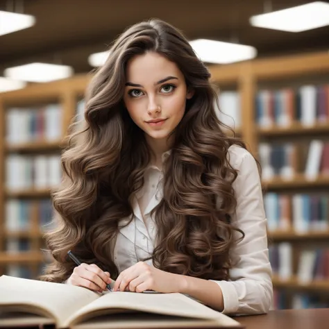 a beautiful young woman working in a Library , brunette long wavy hair