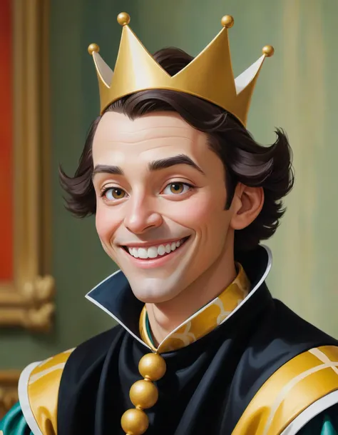 extremely content happy smile , Baroque painting style, a male Court Jester on the eve of a magical event , by Alex Katz and Laura Muntz Lyall beauty512