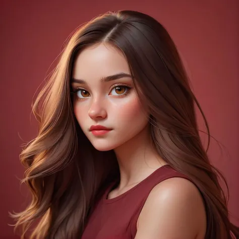 a 20 yo woman,long hair,dark theme, soothing tones, muted colors, high contrast, (natural skin texture, hyperrealism, soft light, sharp),red background,simple background