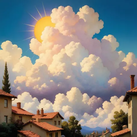 (by Maxfield Parrish:1.2) , cloudscape art, Shabby Chic Brutal ("Imagine all the people living life in peace.":1.1) , cityscape, Sun in the sky, tilt shift, Cel shading, Flat Art, Technicolor