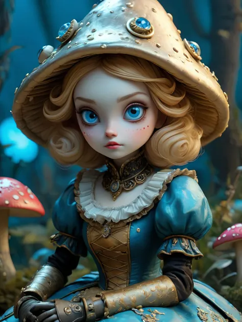 <lora:Fragonard_v1:1> Fragonard, <lora:Bas_Waijers_-_Artstyle_Style_SDXL:0.8>, rococo, abstract, dystopian cyborg Alice in Wonderland, detail eyes, sitting cross legged on a mushroom, facing viewer, adorable, cyberpunk style, prosthetic body implants, shallow depth of field, glaring electric lighting, gold and blue color scheme, background aura, highly detailed, high budget, bokeh, gorgeous, highly detailed, cinematic