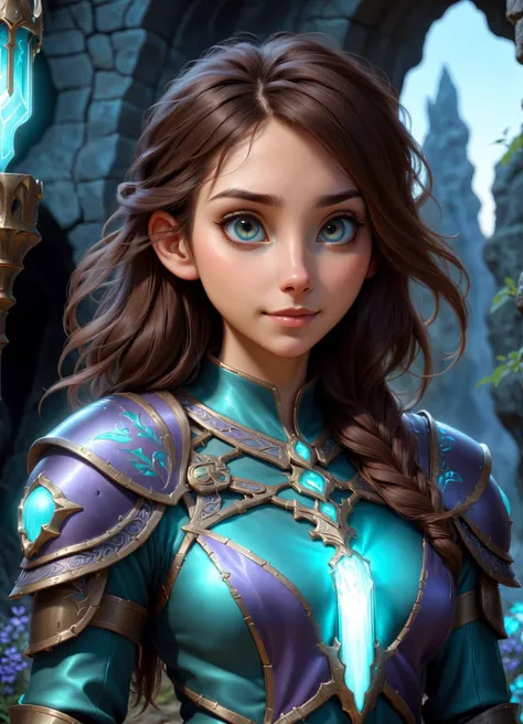 (beautiful woman, age 32:1.1), close up, medieval fantasy (armor:0.4) (teal silver purple robe:0.5), (blue:0.7) glowing magical cave ruins, mage quarters library, (shy smile:0.8), brunette, hazel eyes, intricate details, best quality, ultra high res, 3D rendering, cartoon, anime