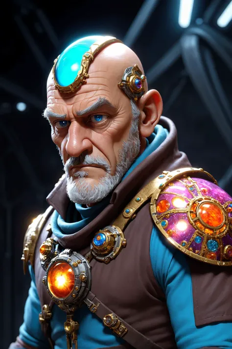 cinematic still 3D SGI octane rendering of a scifi cosmic explorer, a lone explorer looking into the void of infinity, rugged old man, skin wrinkles, close up, shiny intricate details, sharp, 3D rendering, cinematic lighting, unreal engine, blender
