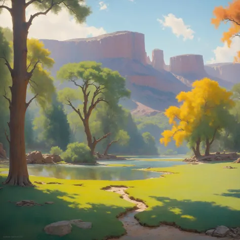 a classic landscape painting of nature's glory , by Albert Swinden, digital cinematic color grading natural lighting cool shadows warm highlights soft focus actor directed cinematography dolbyvision Helen Frankenthaler