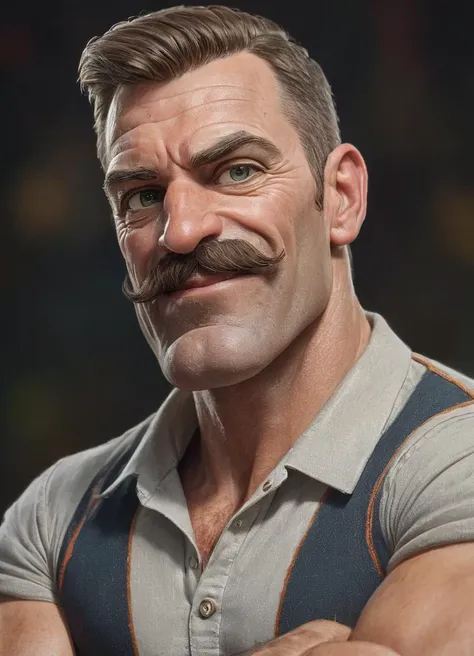 portrait of muscular strongman, masculine, charismatic, assertive smile, striped shirt, mustache, snobby, mutant power, strong contrast, wide shoulders, circus, closed eyes, cartoonish weightlifter
BREAK
loose clothing, soft fabric, chained, thick metal collar,  <lora:stainless_glass_SDXL_da32:0.75>