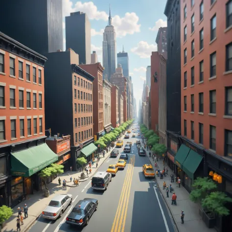 a classic landscape painting of tilt shift photography of a new york city street from above , by Dong Kingman and by Adolf Ulric Wertmüller, medium shot centered pose shallow dof soft focus portrait Wadim Kashin and by Eiichiro Oda