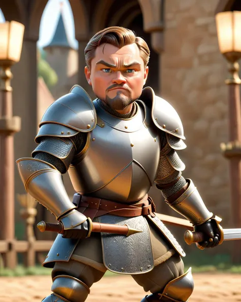 3D full-body Pixar Leonardo DiCaprio, armored as a medieval knight, fiercely jousting against a foe, with spears poised to strike.