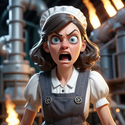 3d blender render, Pike Physician, the Pike is Weird, highly detailed, wearing Holy Pinafore, Fluid movement, Disruptive Fossil fuel power station in background, split diopter, Visual novel, Angry, Ethereal Lighting, macro lens, two colors
