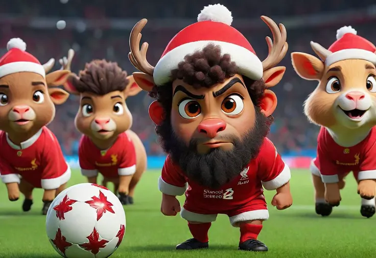 (disney pixar style:1.2) (cute adorable reindeer with the likeness of Mo Salah:1.2), (wearing a red Liverpool santa hat and red Liverpool jersey:1.2), Mo Salah as a cute adorable reindeer dribbling a soccer ball down a soccer field, fierce look of determination, team of guinea pigs with red Liverpool soccer jerseys