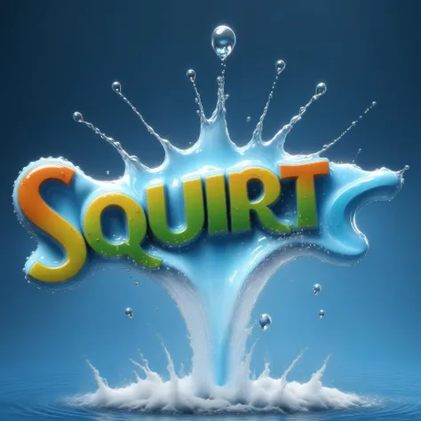 ("SQUIRT" text logo:1.2), 3d letters, water splash from top above, droplets flying, close up, inside, the letters "SQUIRT" are large and prominent