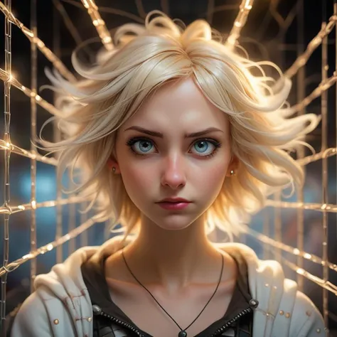 magical realism art designed by Alex Alemany and Christine Ellger, Cosplay Photograph, epic comics art of a Angelic ("Port Anson Grid":1.1) , hyper detailed, Bathed in shadows, shallow depth of field, Ultra Real, Cosy, Corporate Punk, 35mm, expressive brush strokes, Light streaks, professional