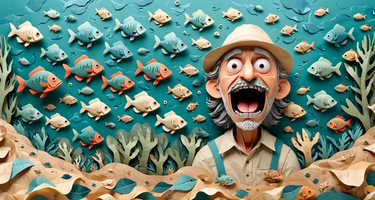 paper art of a surprised weathered old paper fisherman surrounded by paper piranha fish