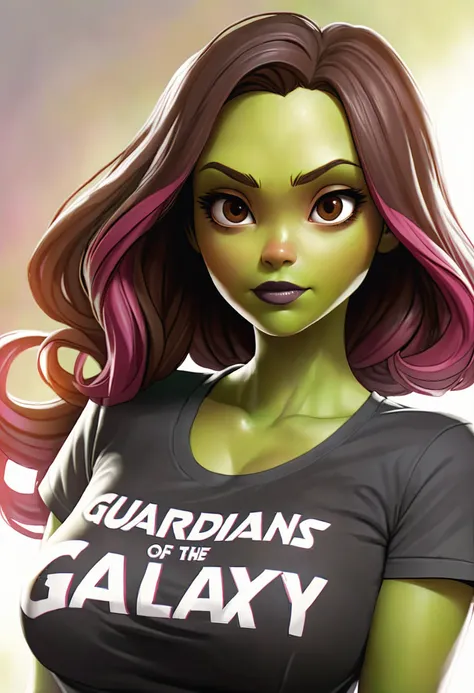 <lora:milkers_v2:0.8>, Gamora wearing a t-shirt with "guardians of the galaxy" written on it, large breasts, dark green lips, dark brown hair with pink tips, beautiful, attractive, art by artgerm, thicc, curvy, brown eyes, on Knowhere