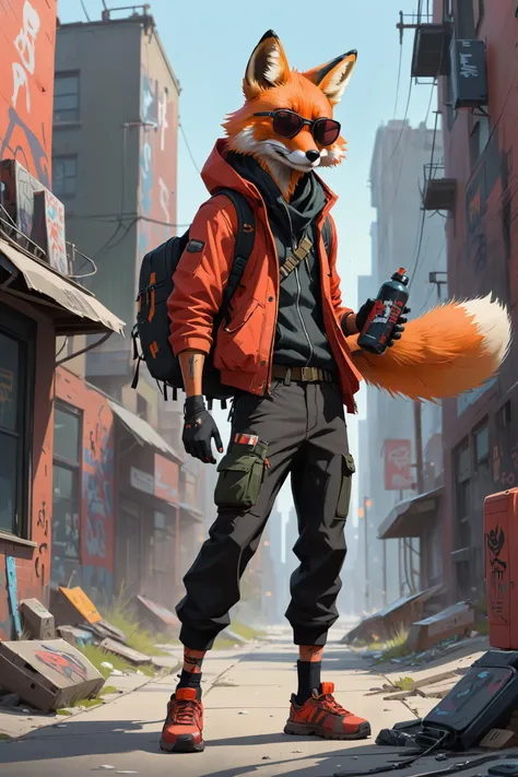 in the style of Disney animation studios and Pixar, Ismail Inceoglu,[male :10]Red Fox, Empowering [,Simon Stålenhag:10][,concept art:10][,backpack:10][,urban techwear scavenger outfit:5][, strapped with gear:5][,determined:5][, long pants and jacket:2][,wearing black sunglasses:5][, black pants, red jacket:5][, holding graffiti spray bottle :12][,leg pouch bag:5][,graffiti : 8][,long black socks:8][, orange fur arms:8]