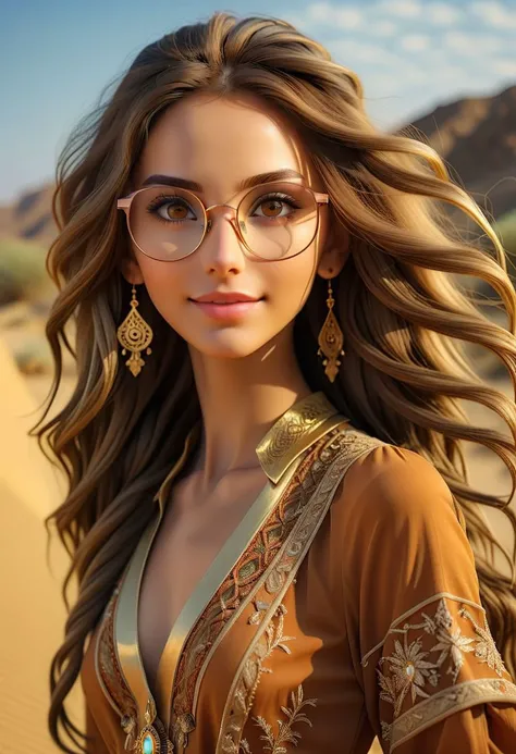 score_9, score_8_up, score_7_, photograph, analog style, real life, extremely beautiful, (highly detailed, intricately detailed), masterpiece, 8k, HDR, best quality, (highly detailed skin), (alluring eyes), (1woman) with very long hair, long sidelocks, (hair back the ears), brown hair, smile, brown eyes, detailed eyes, looking at viewer, (round glasses),in the desert, (dynamic face), (dynamic clothes), (dynamic pose), (angled pose), the sea, photographed on a Sony A7R IV, 18mm F/1.7 cine lens