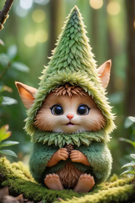 [cute::8] macro fluffy [cartoon::10] animal ,[ cone elf ::15][character::7] , enveloped in nature ,  [vray gallery::20], 8k, 4k, uhd, [realistic::20], detailed, bokeh , full sharp[, detailed eyes:10][, holding a tree cone:20]