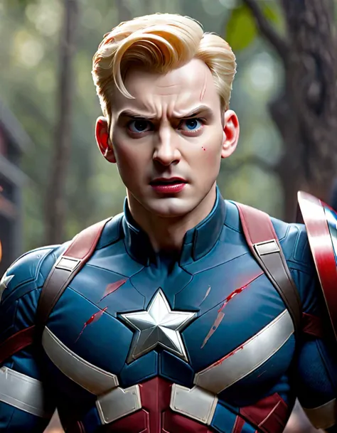 cinematic film still blonde Chris Evans, captain America, bloody face, holding his shield, "I could do this all day", Infinity War, Avengers . shallow depth of field, vignette, highly detailed, high budget Hollywood , bokeh, cinemascope, moody, epic, gorgeous, film grain, grainy