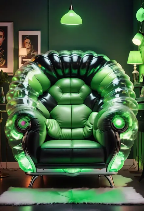 Productive photography in kitsch maximalism style, modern art, small lip-shaped sofa, soft, shiny leather material, black, green ,silver and all shades included, transparent fluorescent with small details and indirect lights, creative and innovative design,ral-fluff,front view,